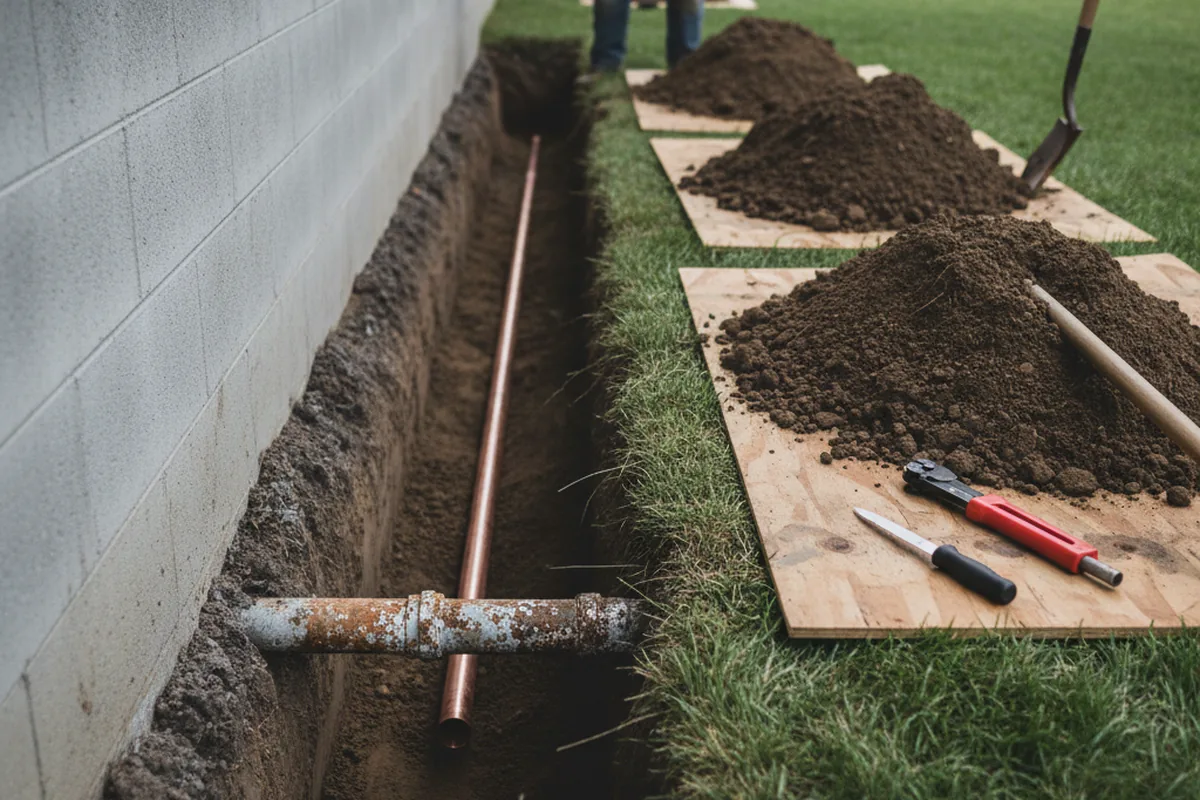 Excavated water line trench during Water Softener Installation in Powell